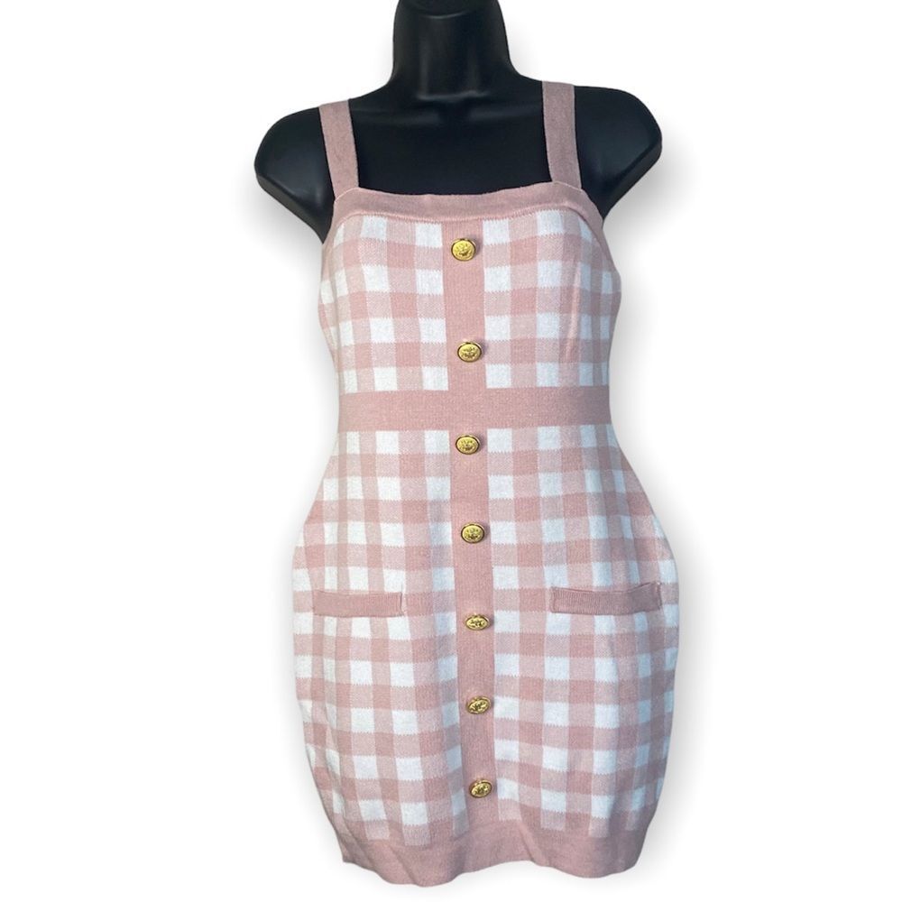 Coco and Shay Pink Plaid Bodycon Sleeveless Faux Gold Buttons Mini Dress